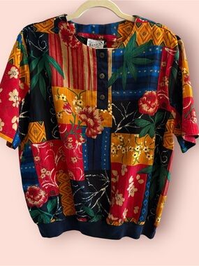 Vintage 1992 Basics by Remo 16W Abstract Floral Patchwork Art to Wear Top